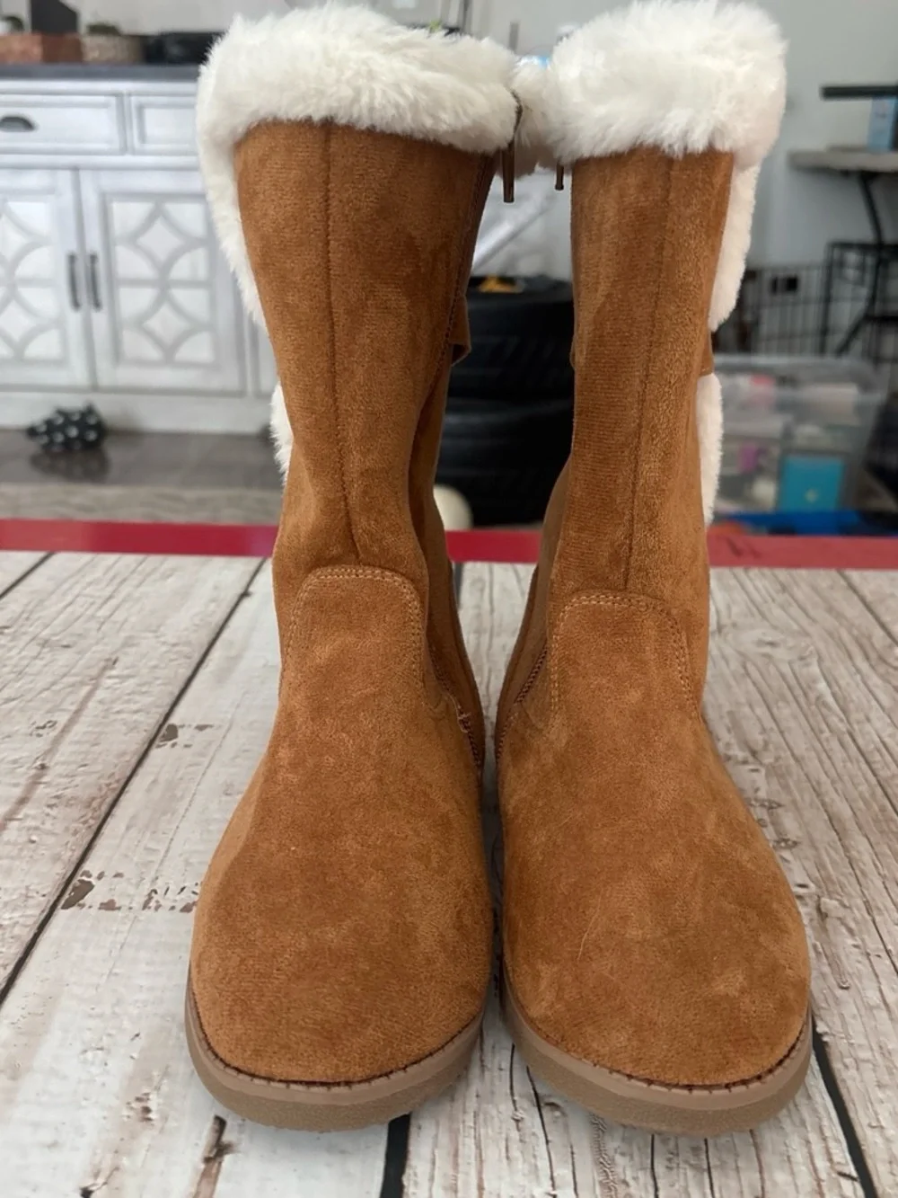 Gymboree Tan Faux-Suede Winter Boots with Cream Faux-Fur Trim